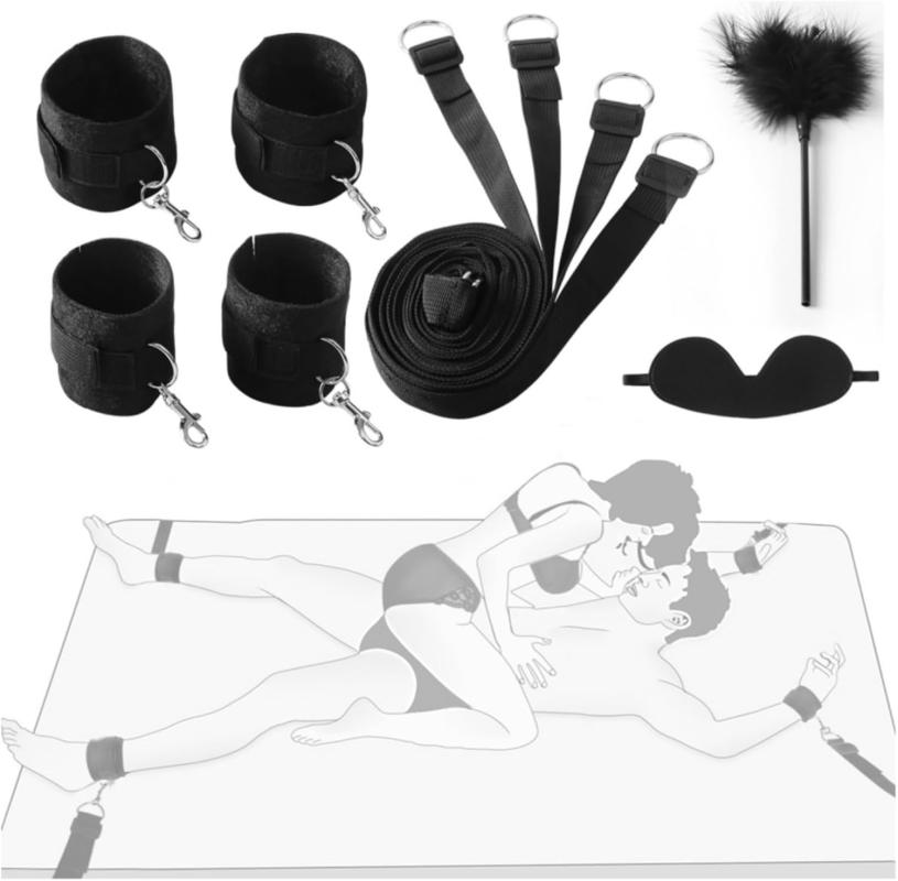 BDSM Bondage Kit for Couples - Bed Restraints Set with Handcuffs, Blindfold & Tickler | Beginner SM Toys